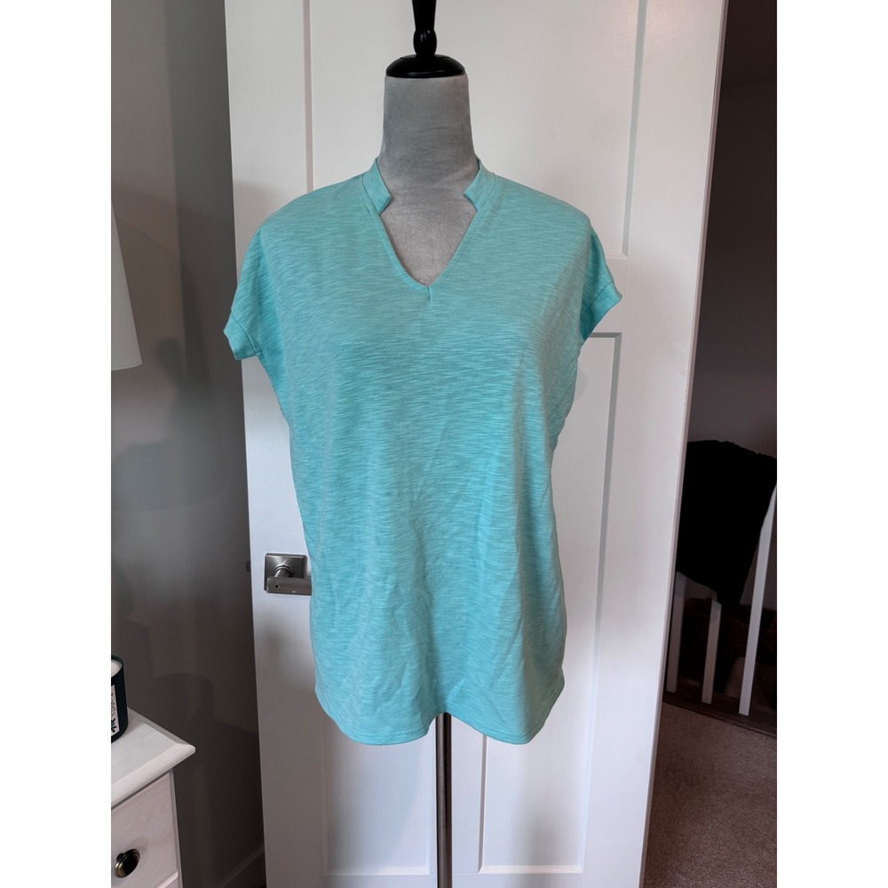 Bibi Turquoise Aqua Slub Knit Notched V-Neck Cuffed Cap Sleeve Top